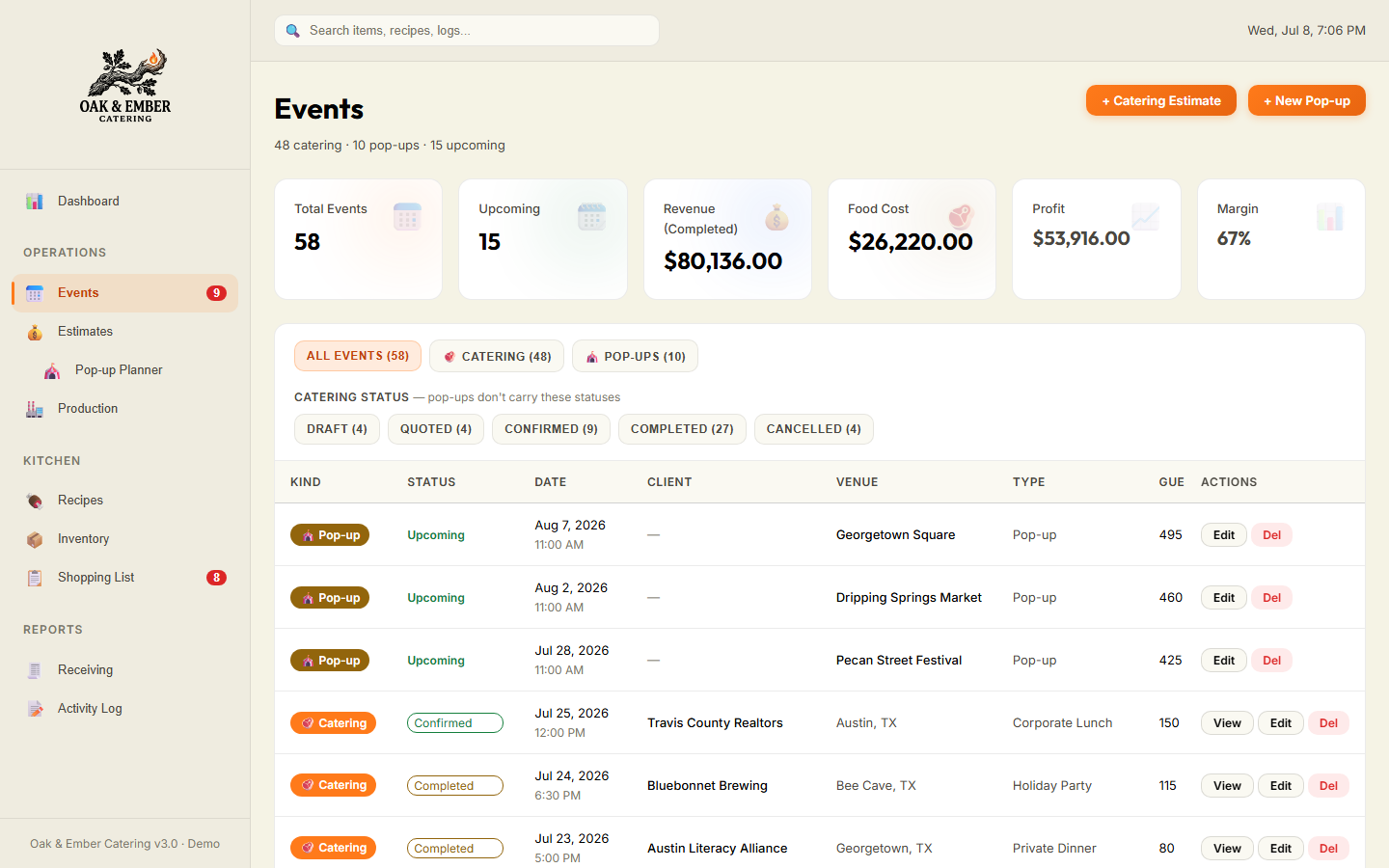 Oak & Ember Operations Platform events list showing catering jobs and pop-ups with revenue, food cost, and margin