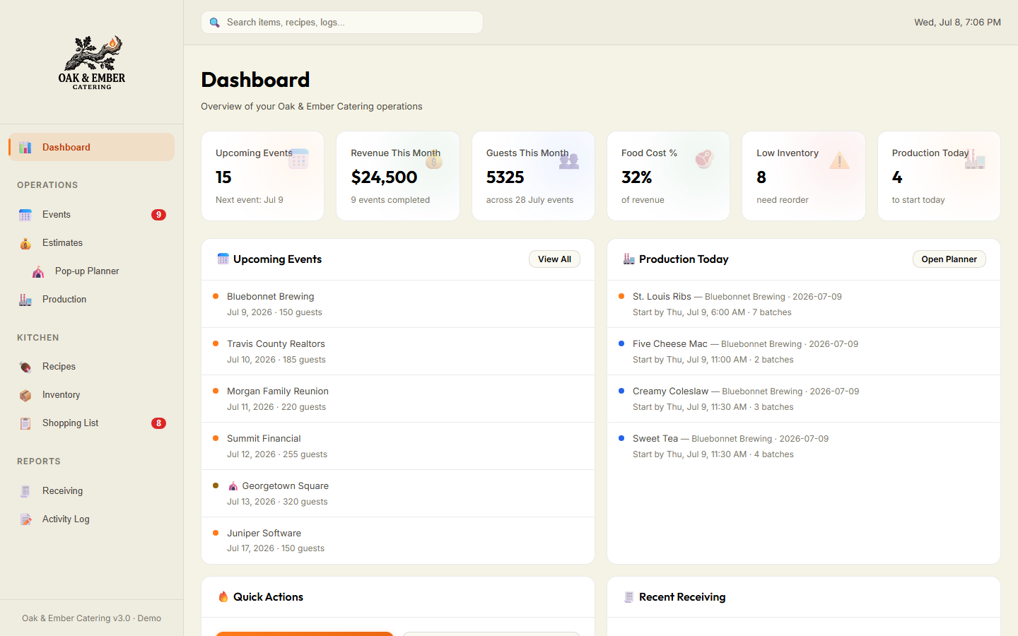 Oak & Ember Operations Platform dashboard showing upcoming events, revenue, food cost percentage, and today's production