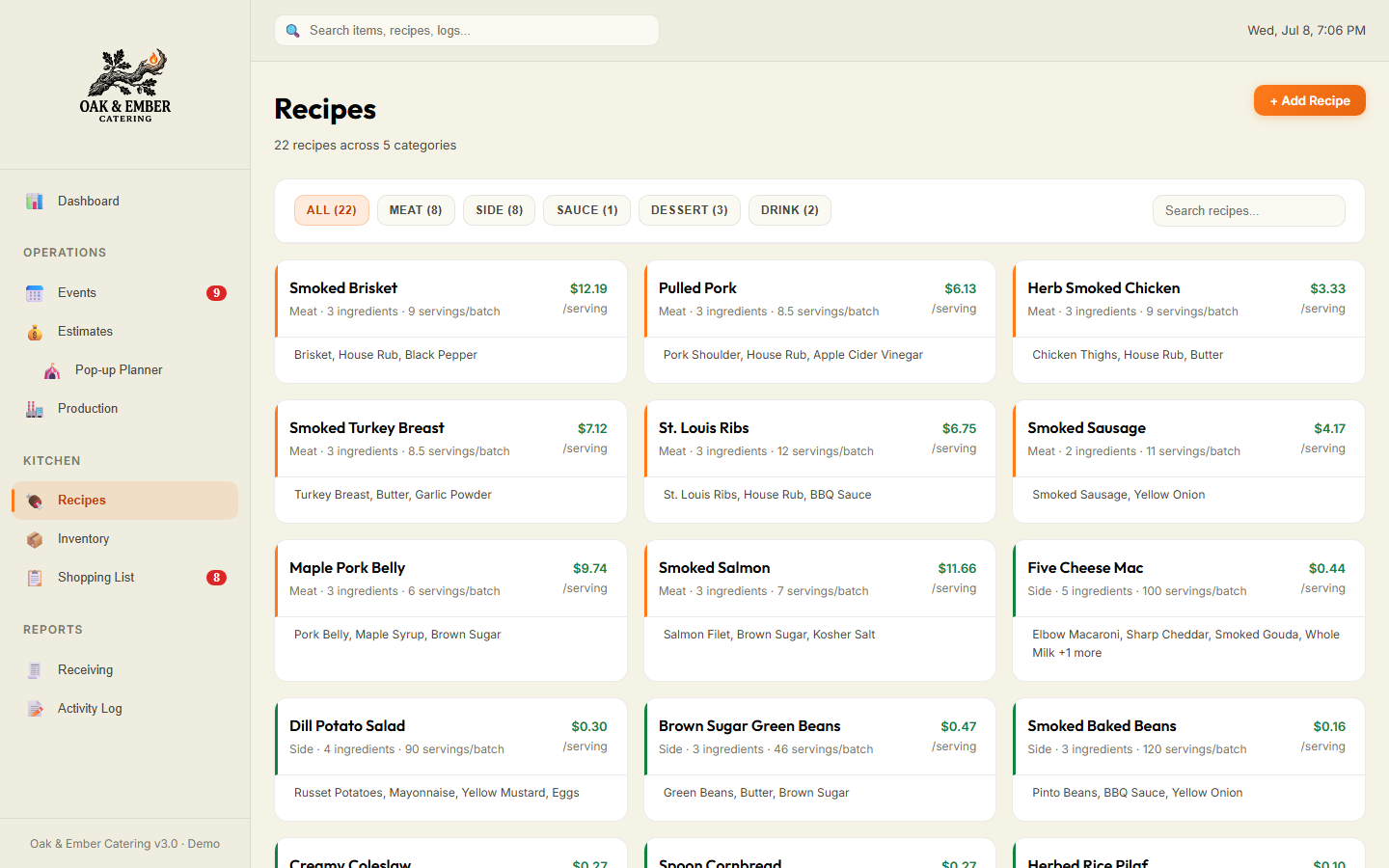 Oak & Ember Operations Platform recipe library with per-serving cost calculated for every recipe